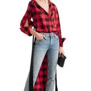 Womens Hellessy Red Black Checked Cotton Silk Button High Low Hem Top Blouse 12